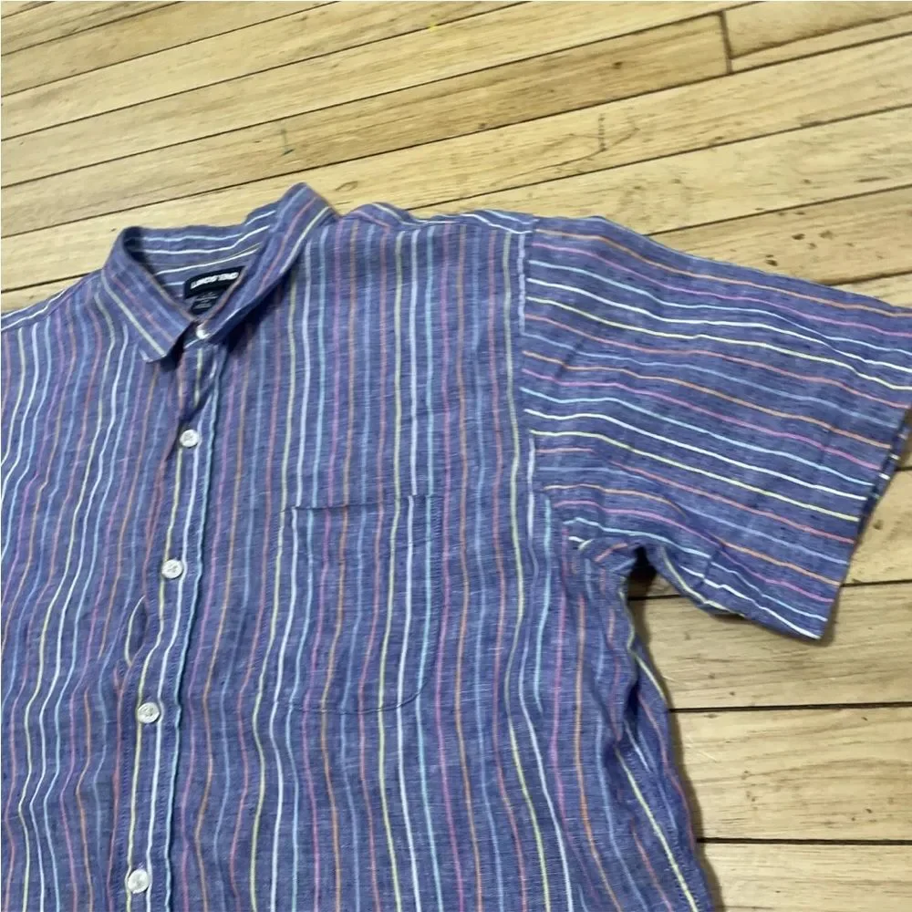 LANDS' END Linen Button Shirt Men L Traditional Fit Blue Vertical Stripe Rainbow